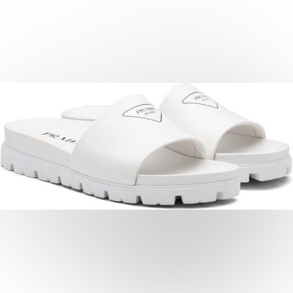 Prada Men’s silkscreen logo print slides sandals White leather New US 12 & 12.5 - Picture 3 of 14
